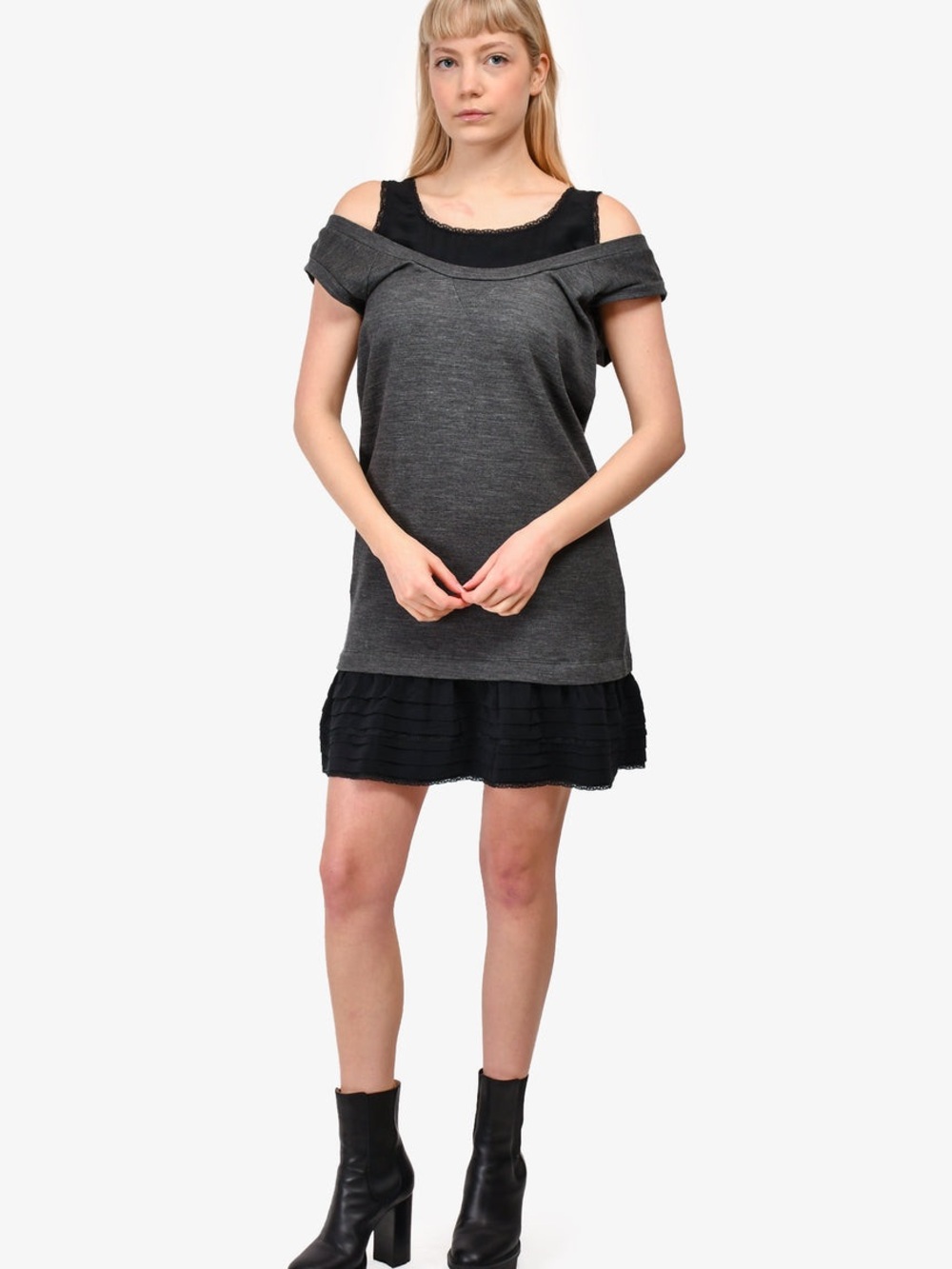 Miu Miu Cold-Shoulder Layered Hem Dark Gray Dress